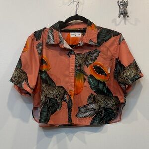 Tropical Leopard Print Button Down Shirt - Orange